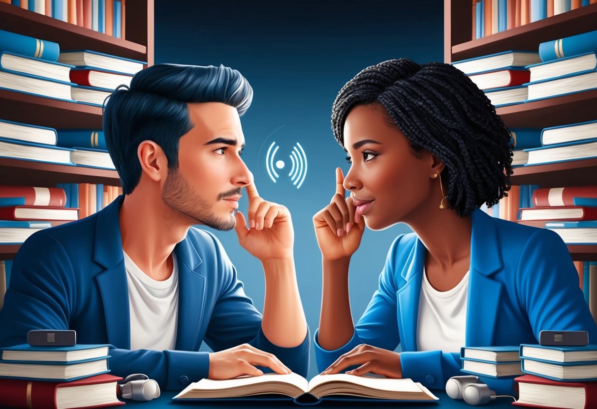 A Taurus and Virgo engage in deep conversation surrounded by books and communication devices.</p><p>Their focused expressions convey their intellectual compatibility