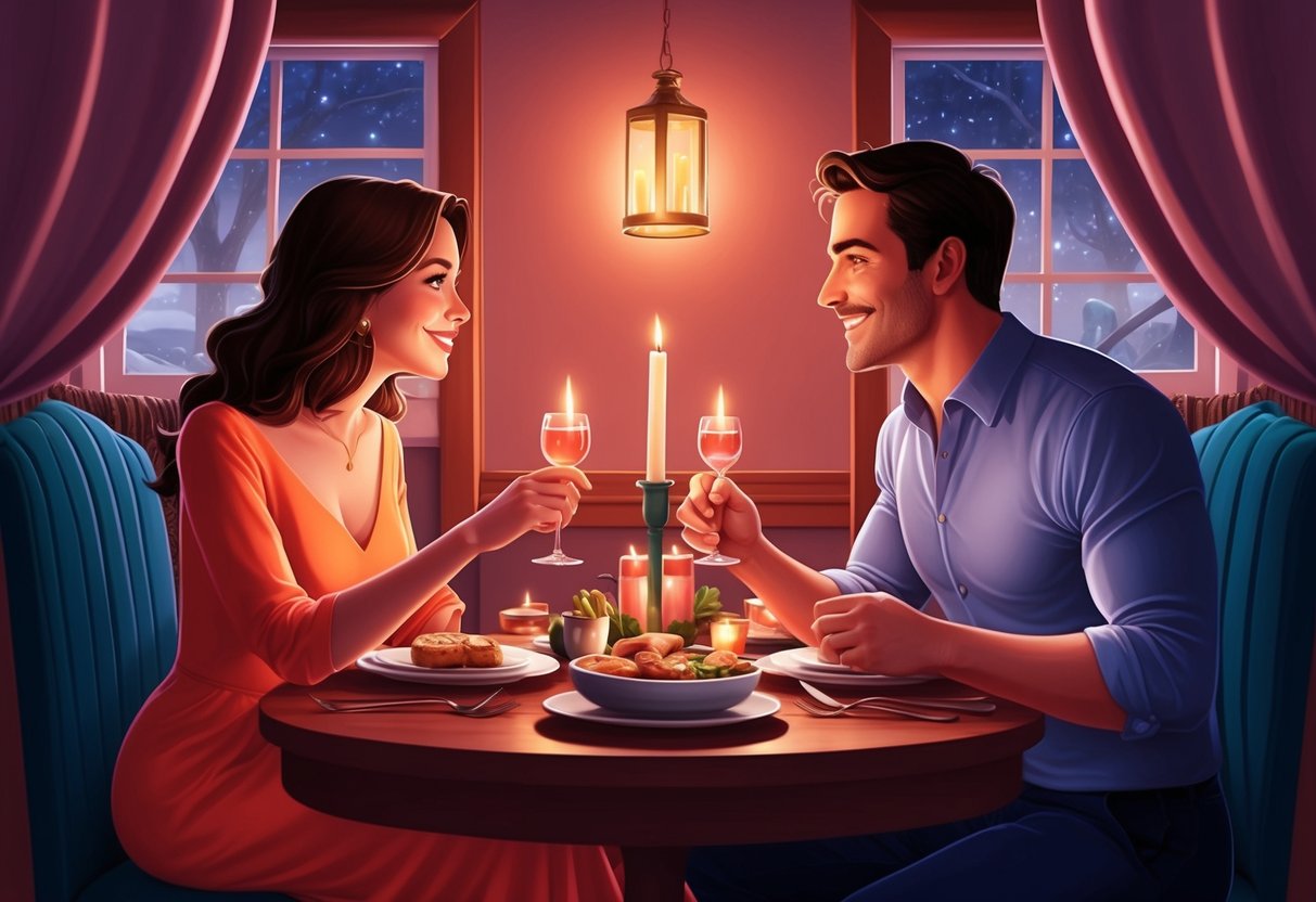 A Taurus and Cancer sharing a cozy, intimate dinner by candlelight