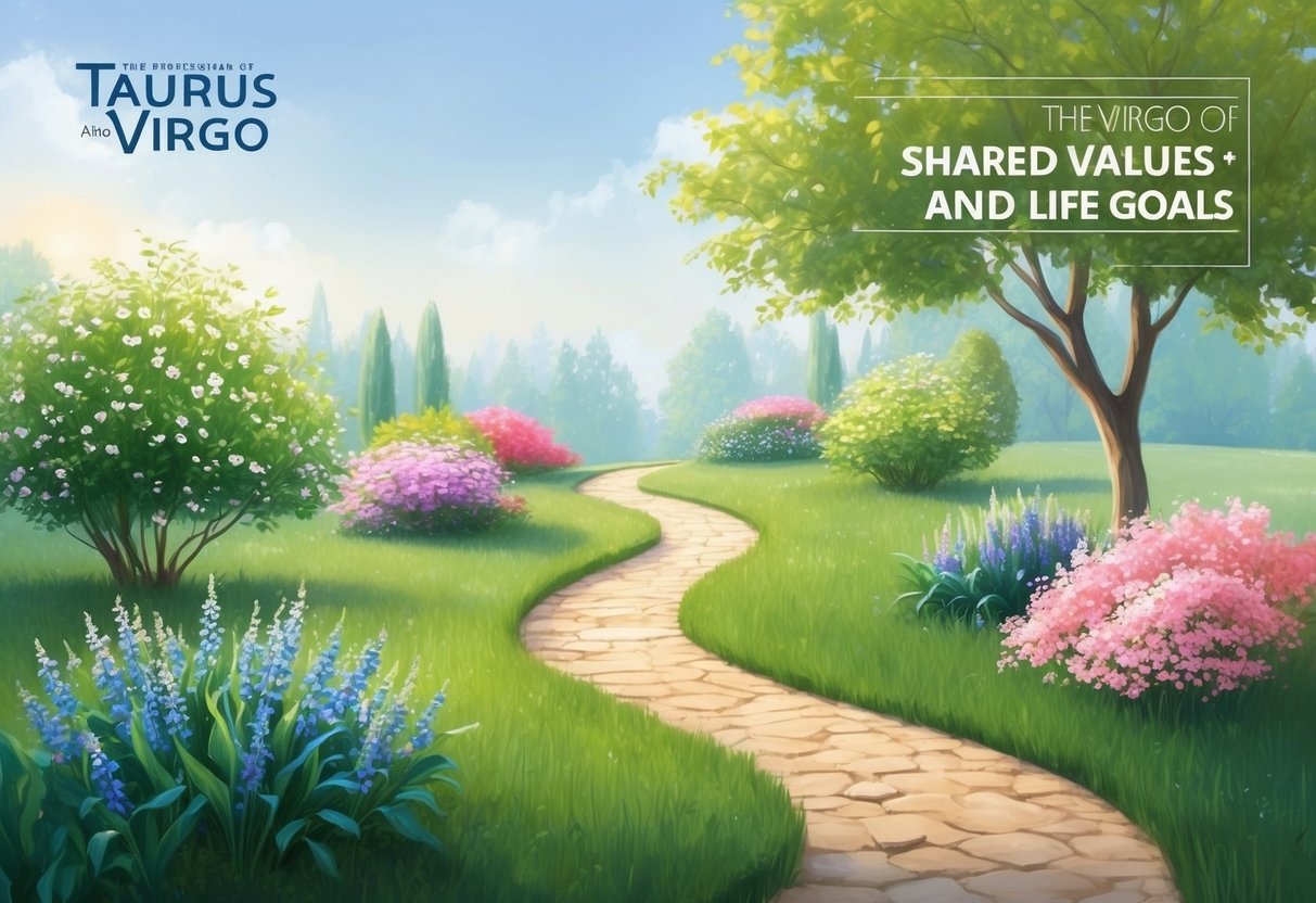 A tranquil garden with blooming flowers and a winding path, symbolizing the shared values and life goals of Taurus and Virgo