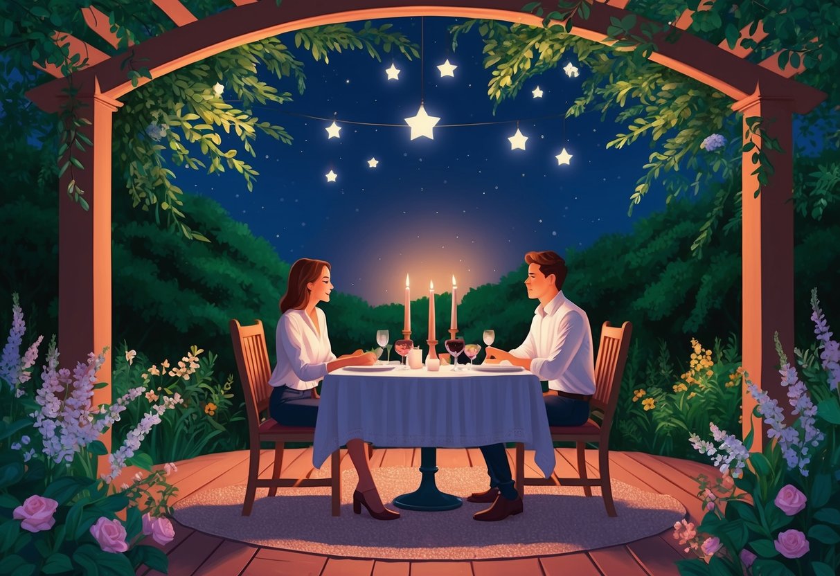 A cozy, candlelit dinner for two under the stars, surrounded by lush greenery and blooming flowers