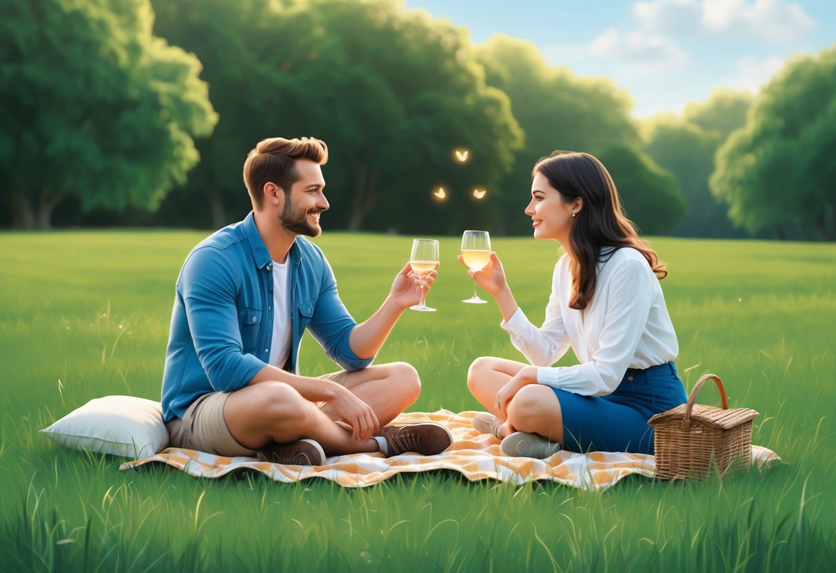 A Taurus and Virgo enjoying a peaceful picnic in a lush, green meadow.</p><p>They engage in deep conversation, showing mutual understanding and harmony