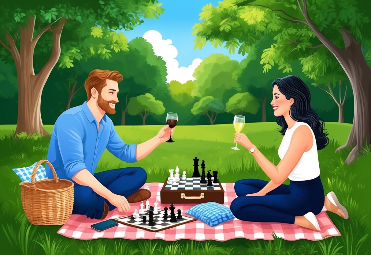 A picnic in a lush green park, with a Taurus and Libra enjoying a game of chess and a shared interest in art and music