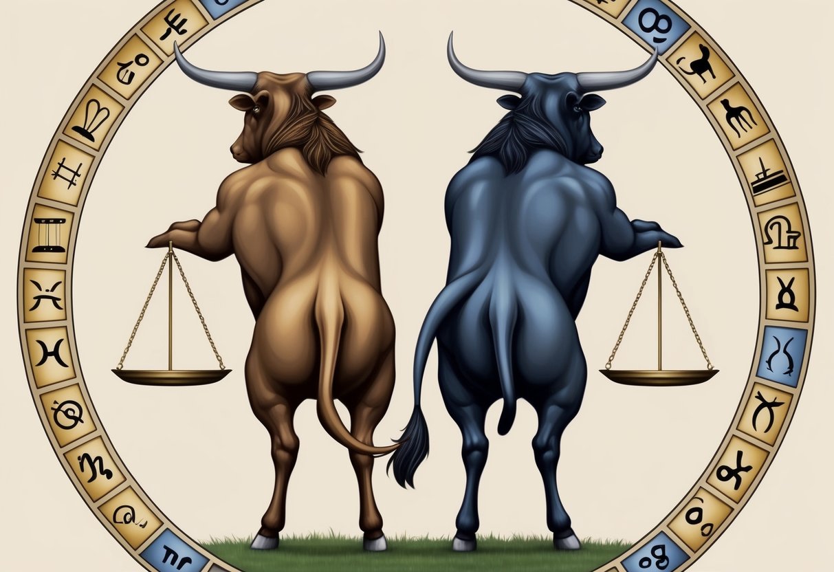 A Taurus and Libra standing back to back, surrounded by a circle of zodiac symbols, with a scale and a bull as focal points