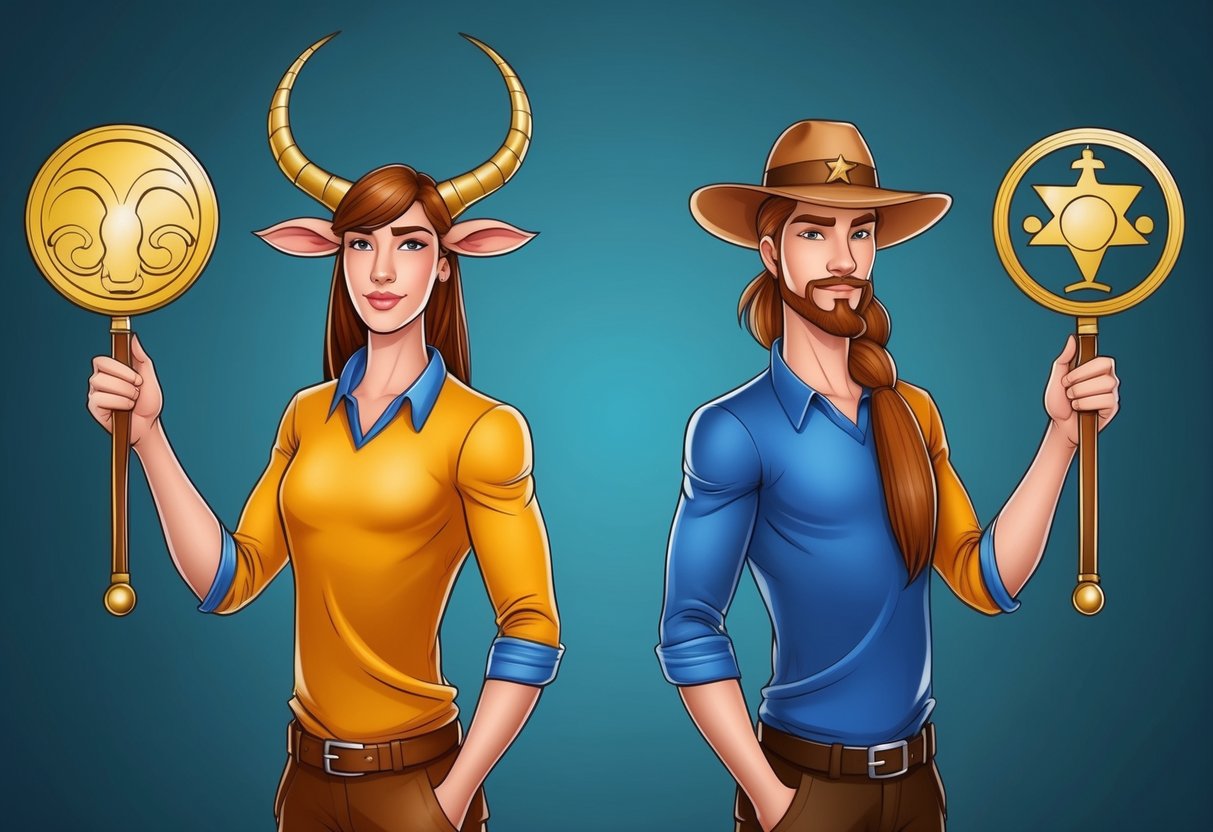 A Taurus and Sagittarius standing back to back, each holding a different symbol representing their zodiac signs.</p><p>Their contrasting personalities evident in their body language