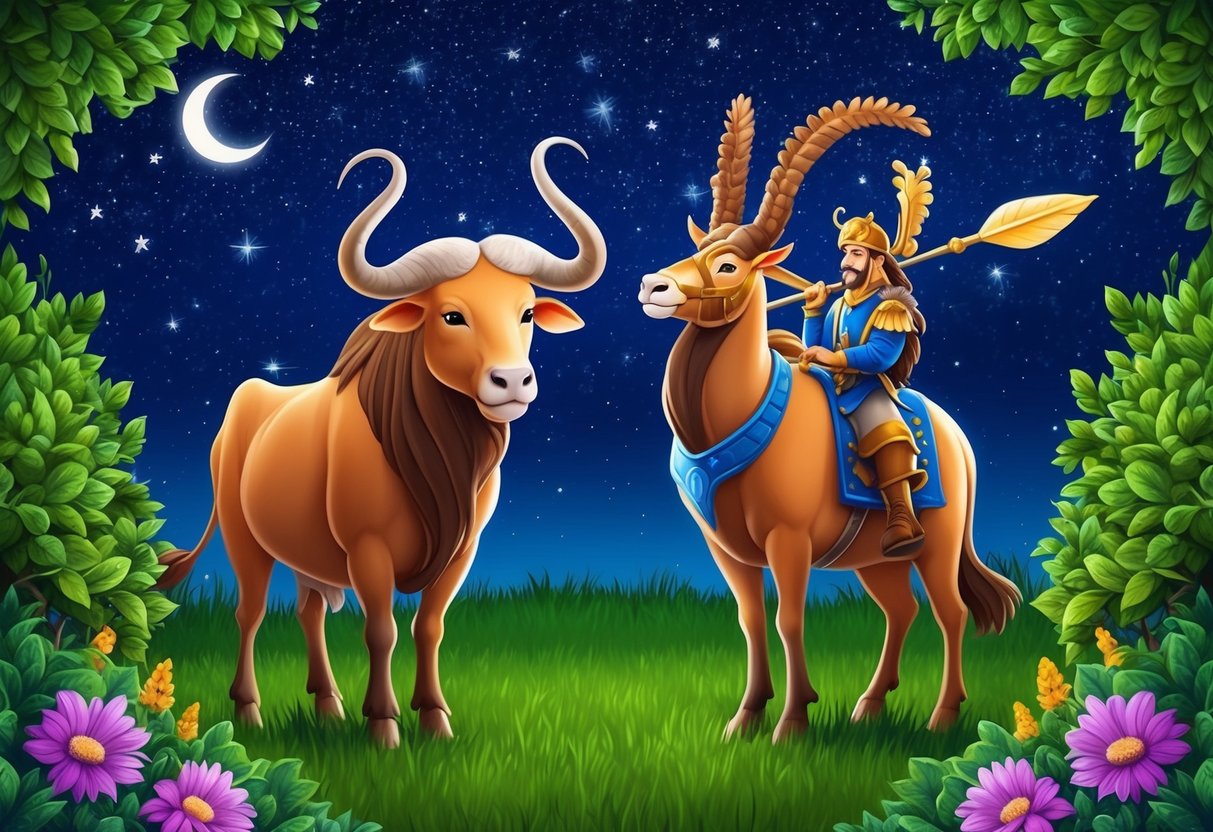 A Taurus and Sagittarius standing under a starry night sky, surrounded by lush greenery and vibrant flowers, symbolizing their compatibility and harmony