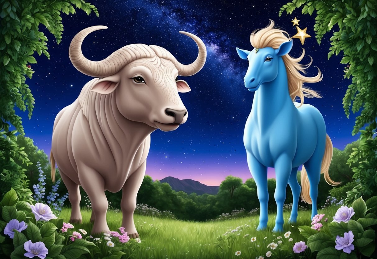 A serene Taurus and an airy Aquarius stand under a starry night sky, surrounded by lush greenery and blooming flowers