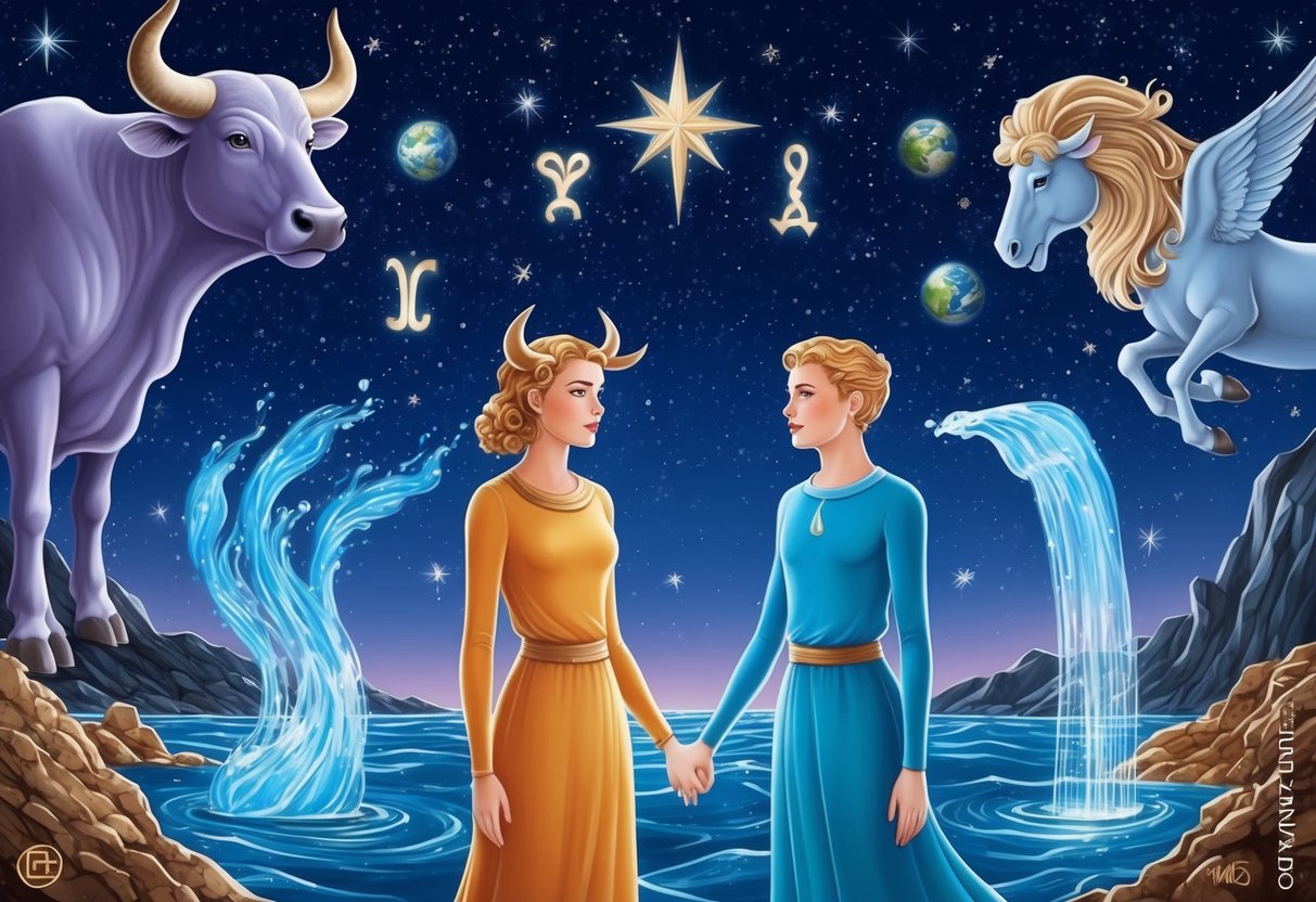 A Taurus and Aquarius standing under a starry night sky, with a bull and water bearer symbolizing their zodiac signs, surrounded by conflicting elements of earth and air