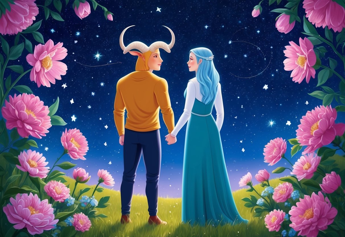 A Taurus and Aquarius standing together under a starry night sky, surrounded by blooming flowers and a sense of enduring connection