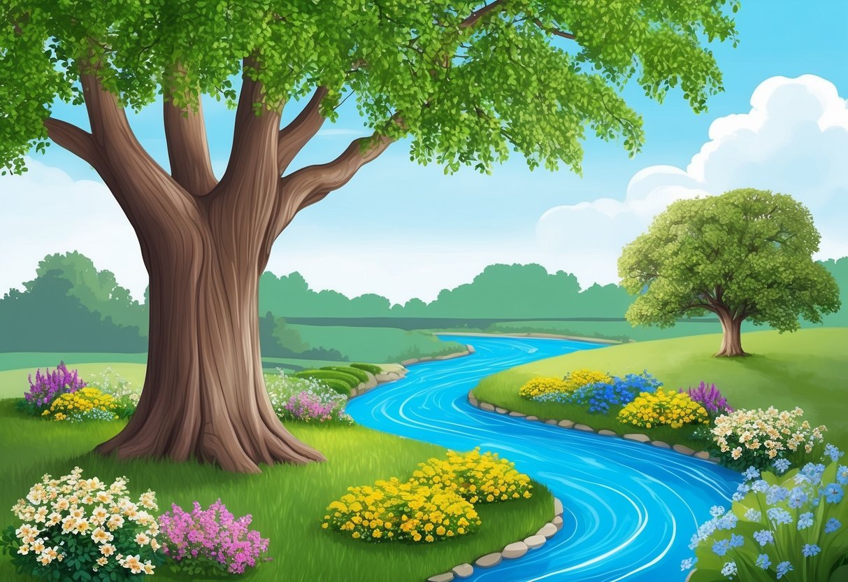 A blooming garden with a sturdy oak tree and a flowing river, symbolizing personal growth and the compatibility between Taurus and Aquarius