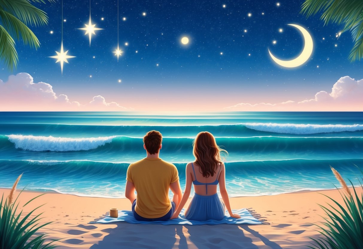 A serene beach with a Taurus and Pisces stargazing under a clear night sky, surrounded by gentle waves and a warm breeze