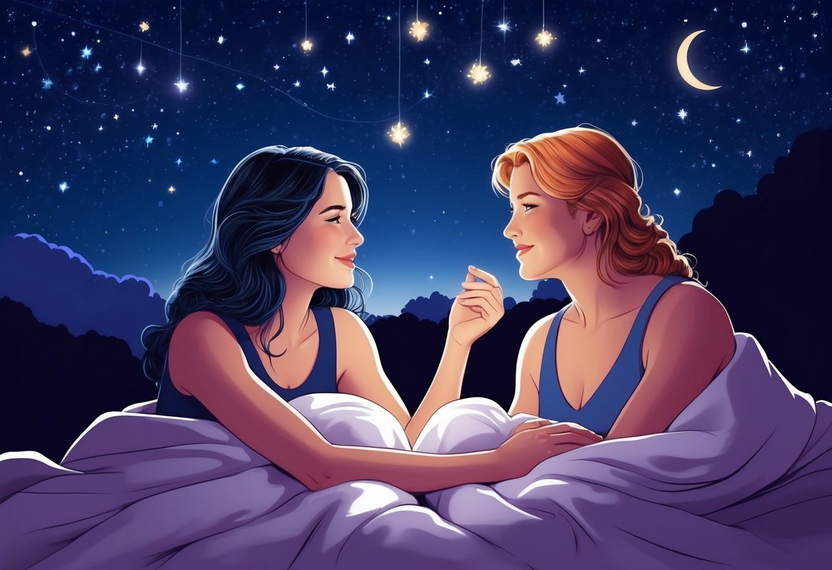 A Gemini and Taurus nestled close, sharing intimate conversation under a starry night sky