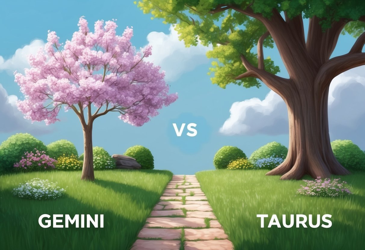 A serene garden with a blooming tree and a sturdy oak, symbolizing the values and long-term compatibility of Gemini and Taurus