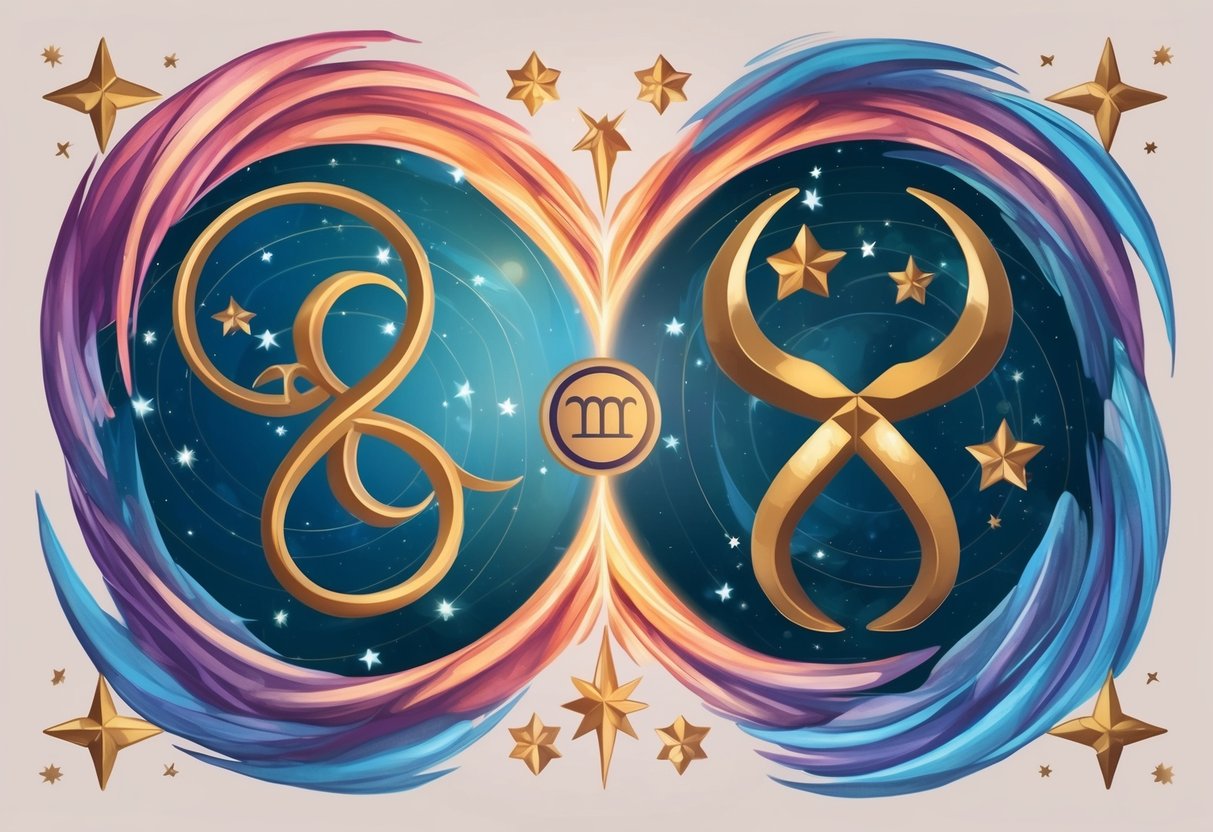 Two zodiac symbols, Gemini and Taurus, surrounded by swirling stars and celestial elements