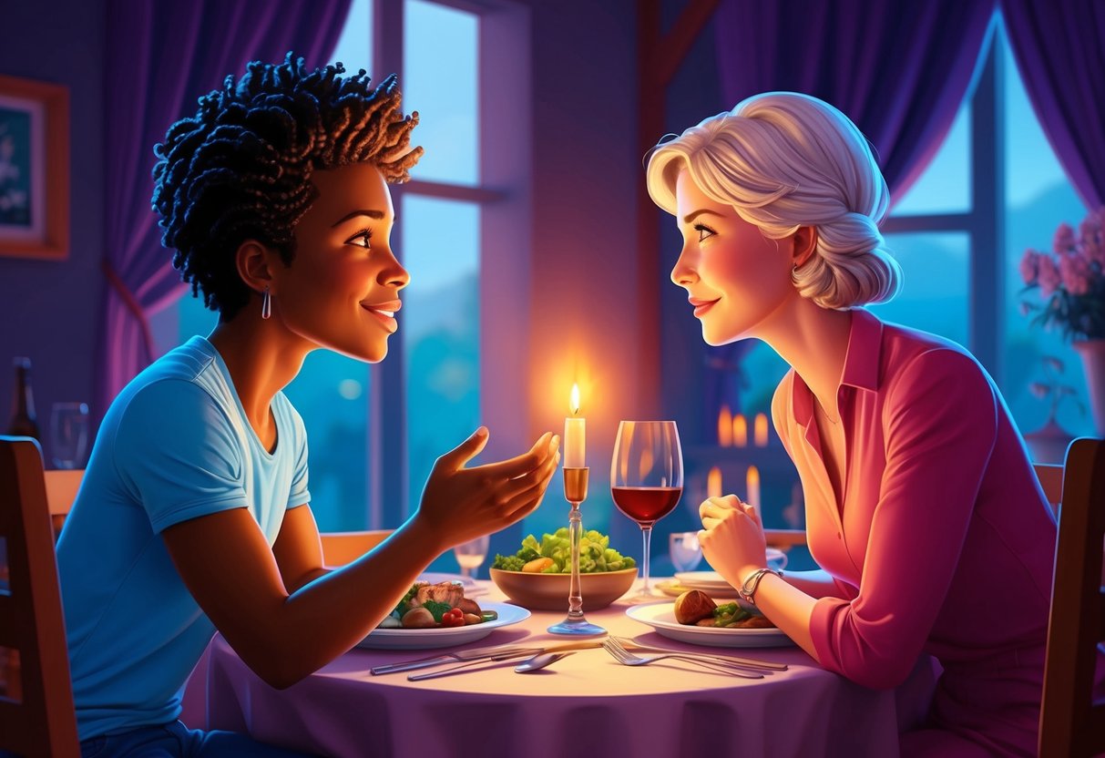 A lively Gemini engaging in a deep conversation with a nurturing Cancer over a cozy dinner setting