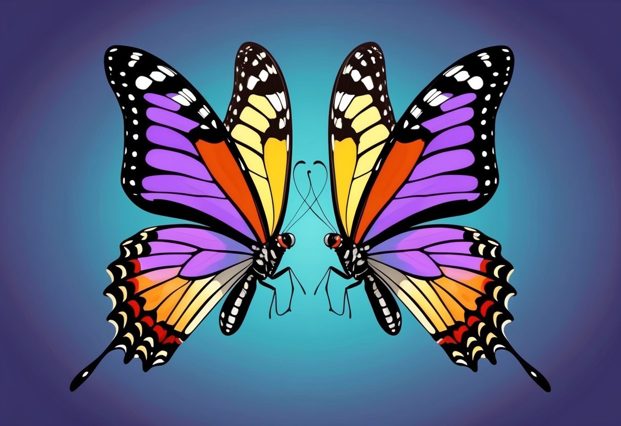 Two identical butterflies fluttering in perfect synchrony, their wings reflecting the duality of the Gemini zodiac sign