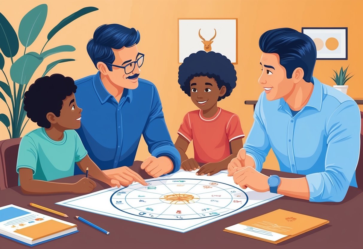 A family of two adults and a child sitting around a table, discussing their long-term goals and aspirations while looking at a zodiac compatibility chart