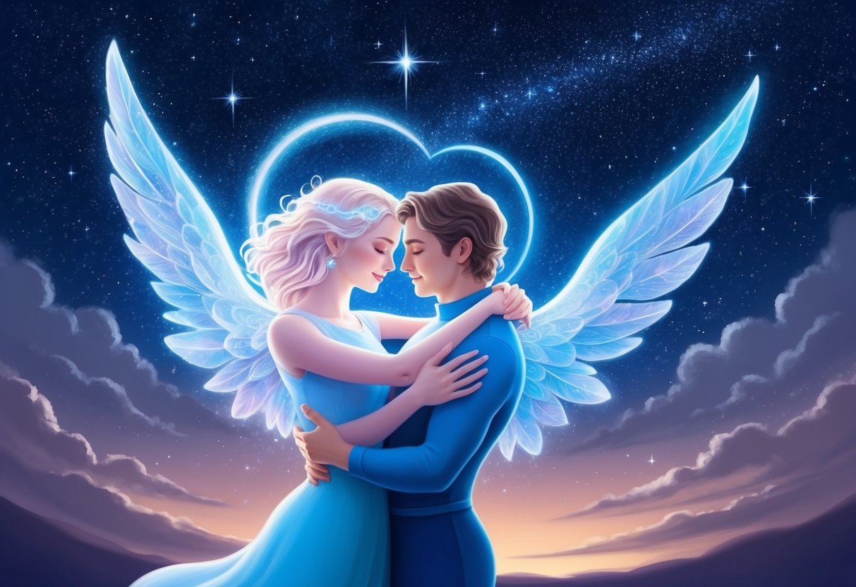 A gentle embrace under a starry night sky, with two celestial beings intertwined in a harmonious dance of love and understanding