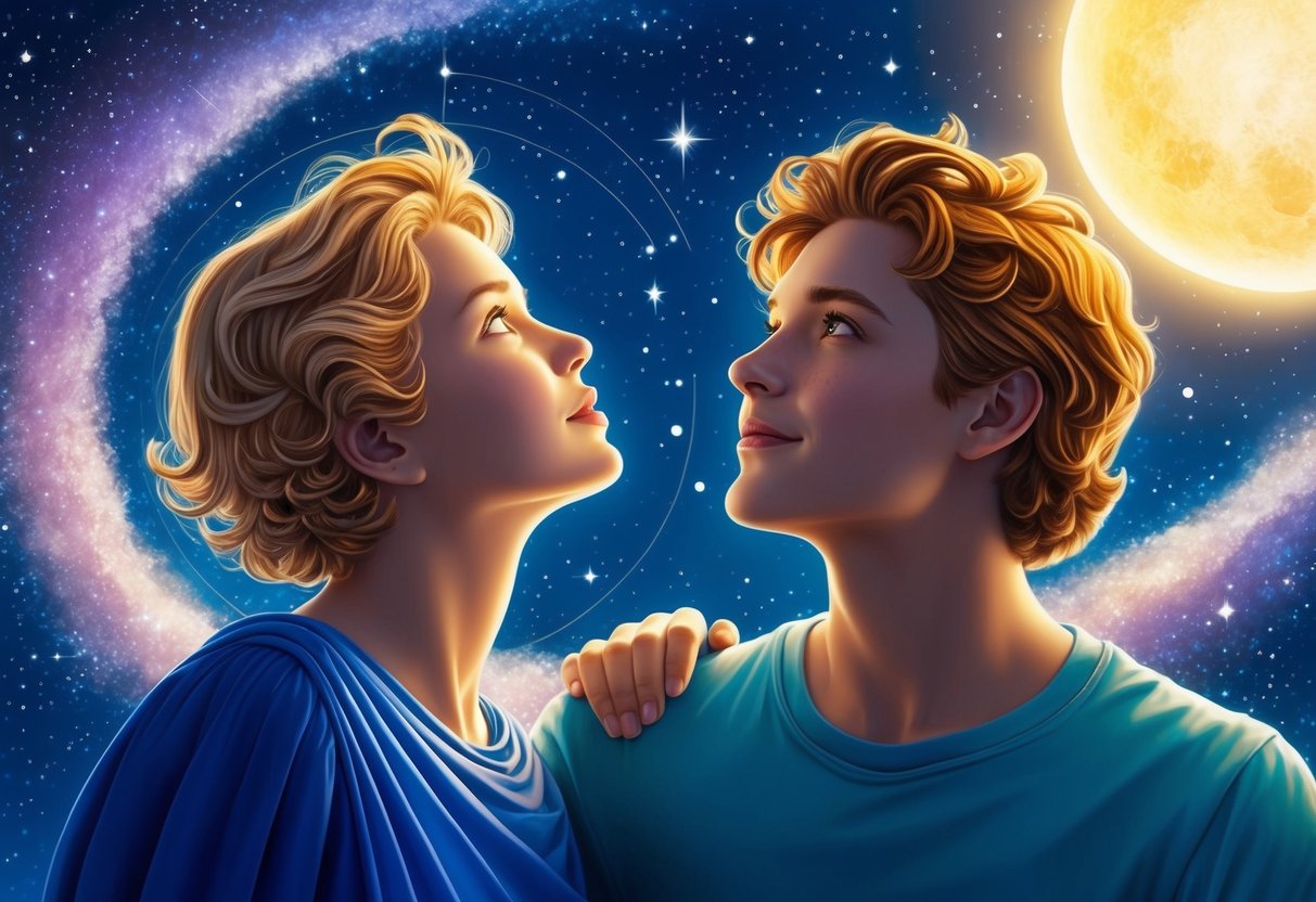 Two celestial figures, Gemini and Leo, gazing at the stars with a sense of wonder and curiosity, symbolizing their long-term perspectives and compatibility