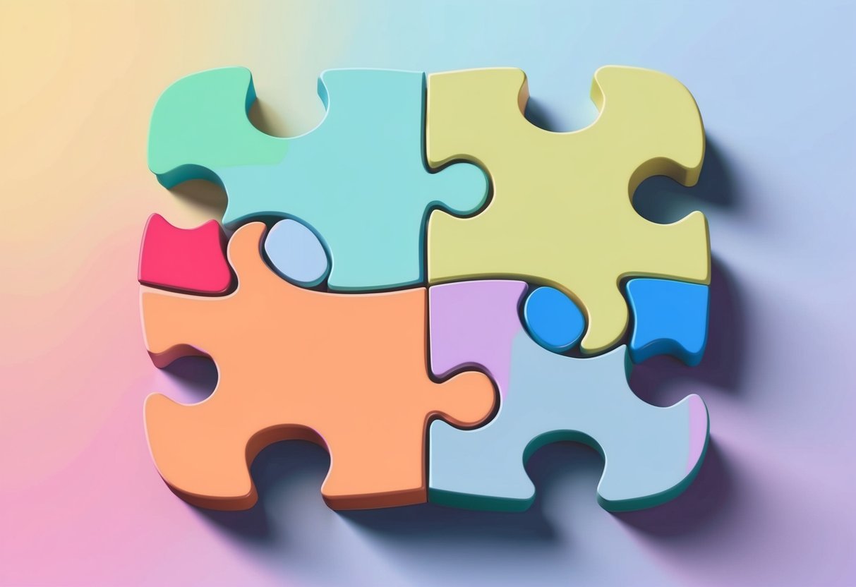 A pair of interlocked puzzle pieces, one with vibrant colors and the other with soft pastels, fitting together seamlessly