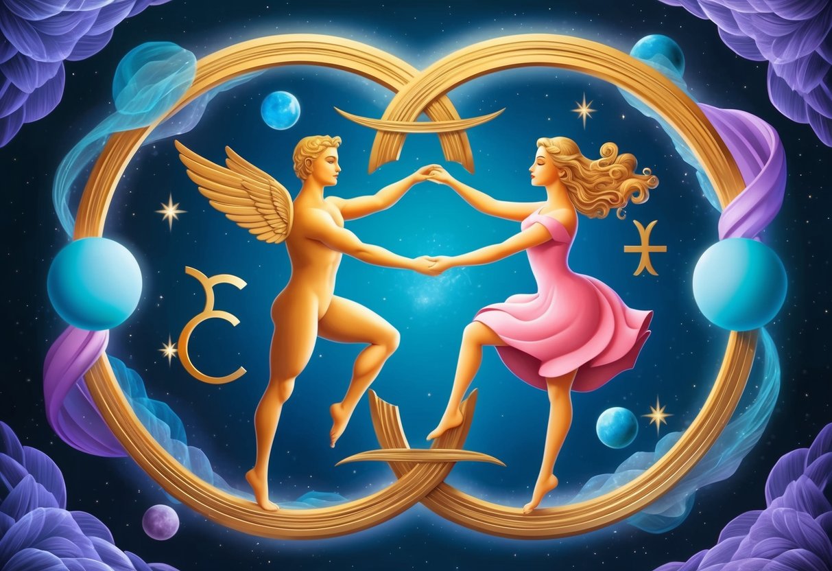 A pair of zodiac symbols, Gemini and Cancer, surrounded by celestial elements and intertwined in a harmonious dance