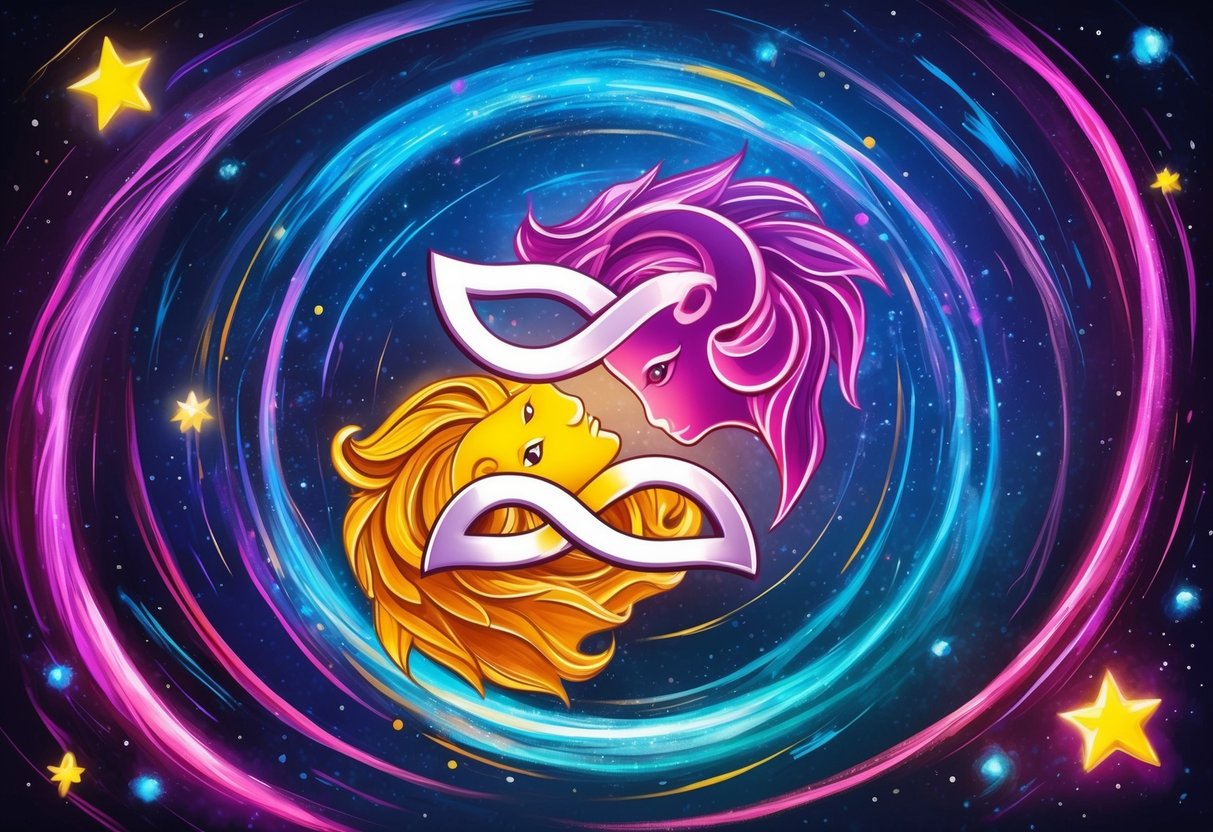 A Gemini and Leo symbol intertwining in a cosmic dance, surrounded by swirling stars and vibrant colors