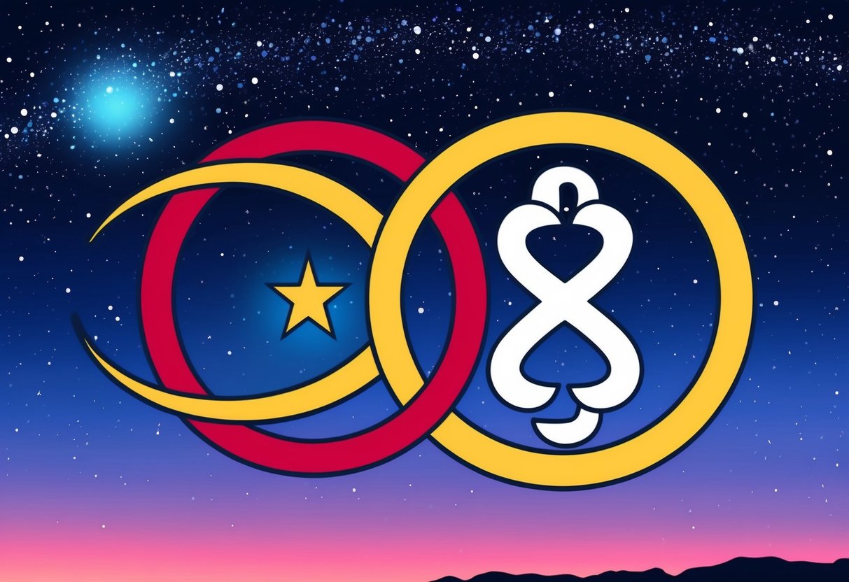 A Gemini and Cancer symbol intertwining under a starry sky