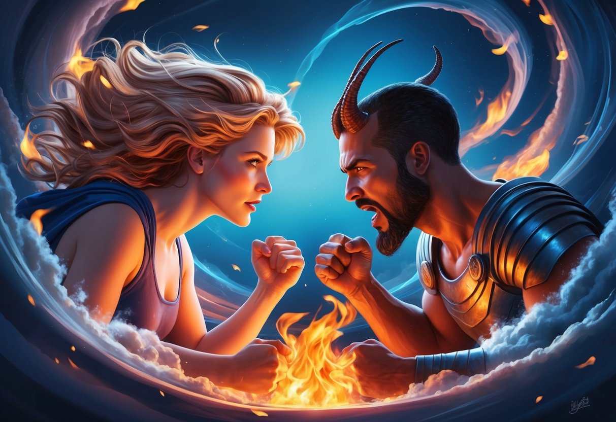 A Gemini and Scorpio facing off in a heated debate, surrounded by swirling winds and flickering flames