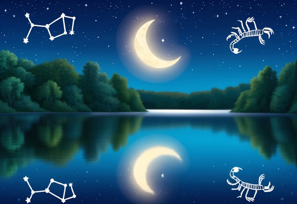 A serene, starlit night with a crescent moon shining over a tranquil lake, reflecting the constellations of Gemini and Scorpio in perfect harmony