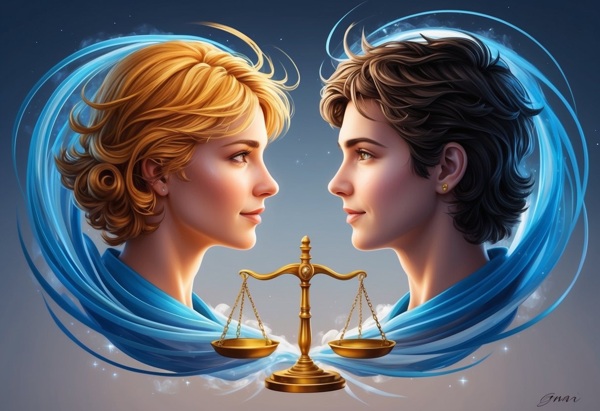 A Gemini and Libra facing each other, surrounded by swirling air and balanced scales, representing their conflicting yet harmonious relationship