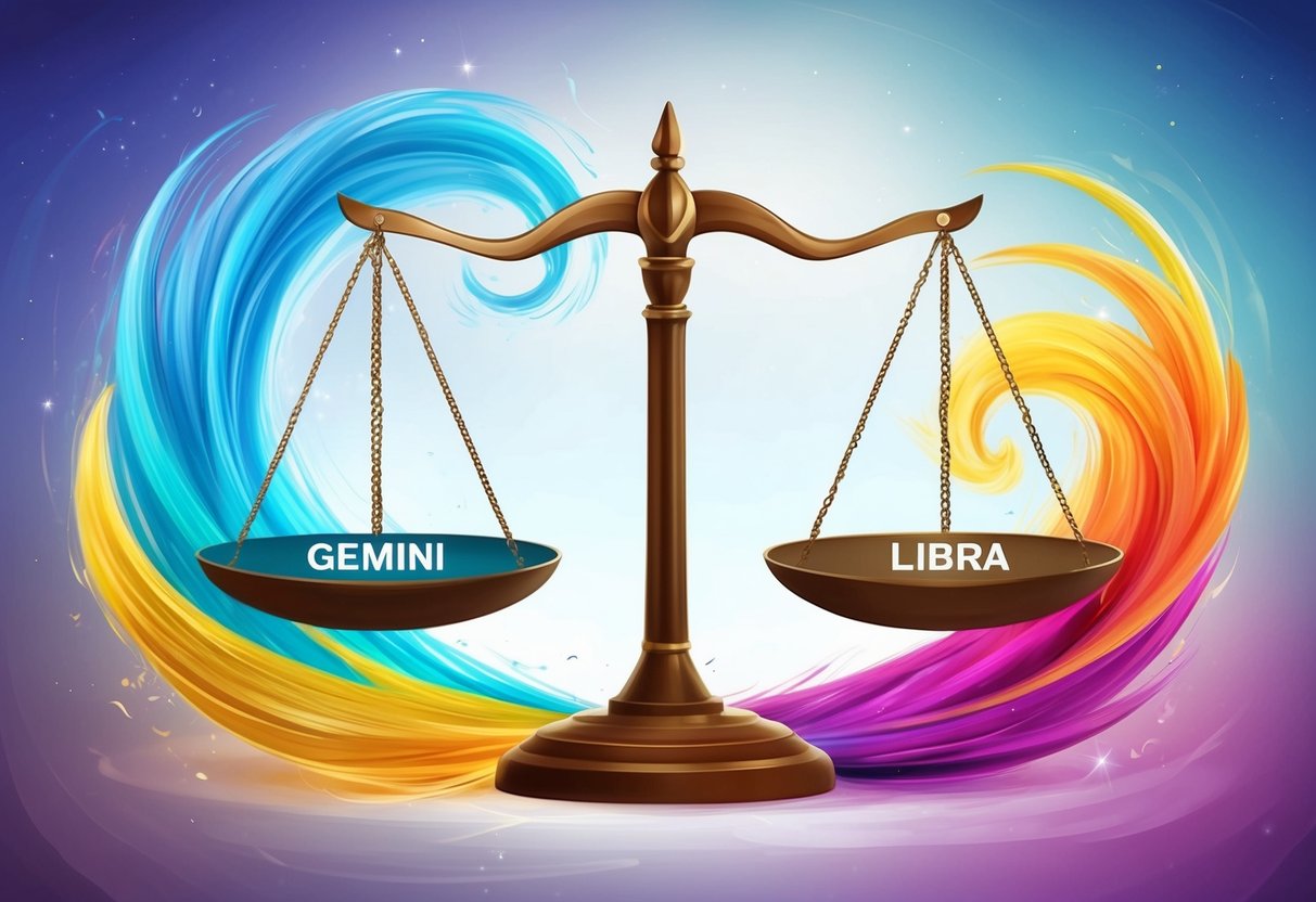 A scale with two balanced sides, one labeled Gemini and the other Libra, surrounded by swirling air and vibrant colors