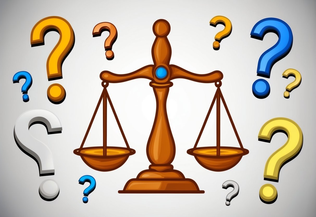 A set of scales representing Libra and Gemini symbols, surrounded by question marks