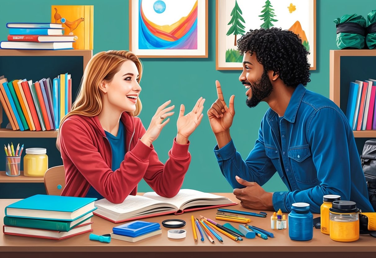 A Gemini and Sagittarius engaged in lively conversation while surrounded by books, art supplies, and outdoor gear