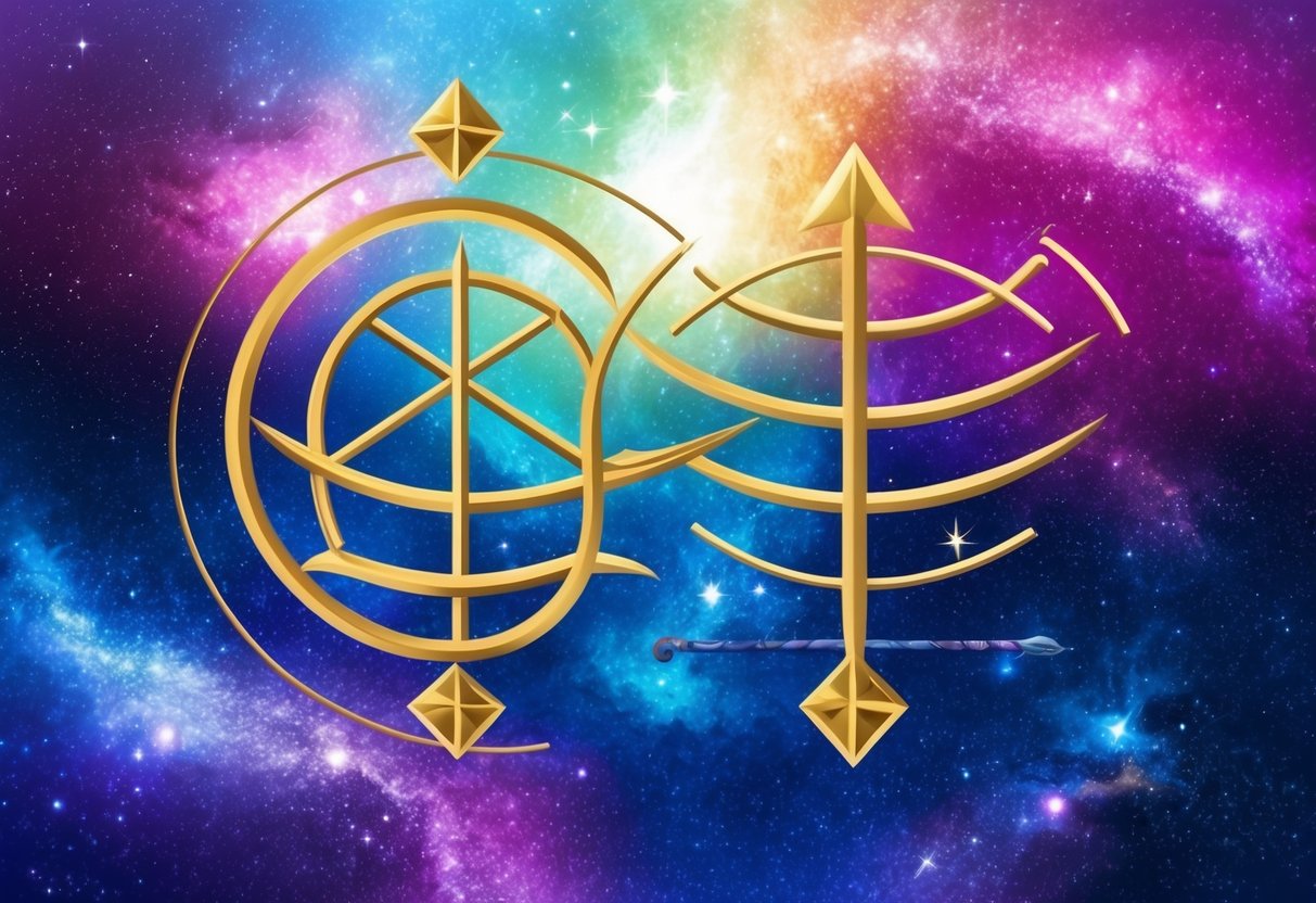 A vibrant, celestial background with intertwined symbols of communication and adventure, representing the harmonious union of Gemini and Sagittarius