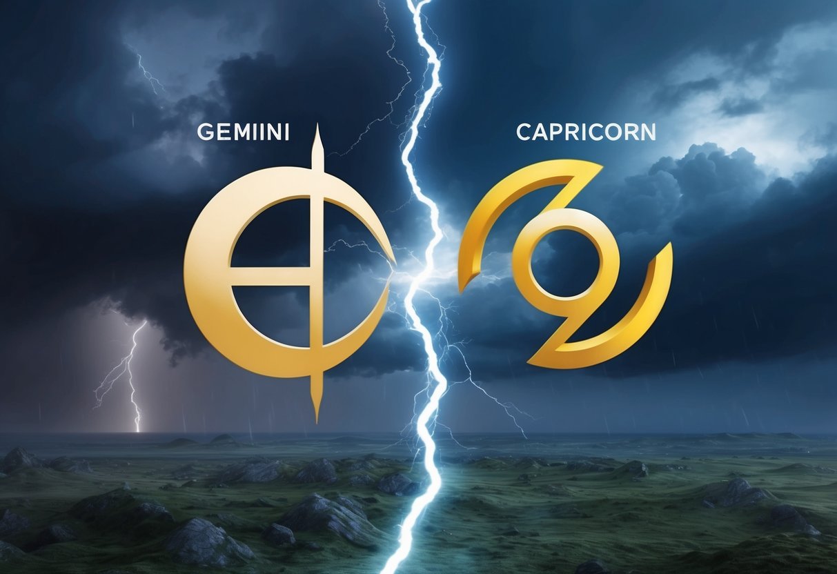 A dynamic scene of two opposing forces clashing, symbolized by the intertwining of celestial symbols for Gemini and Capricorn amidst a stormy sky