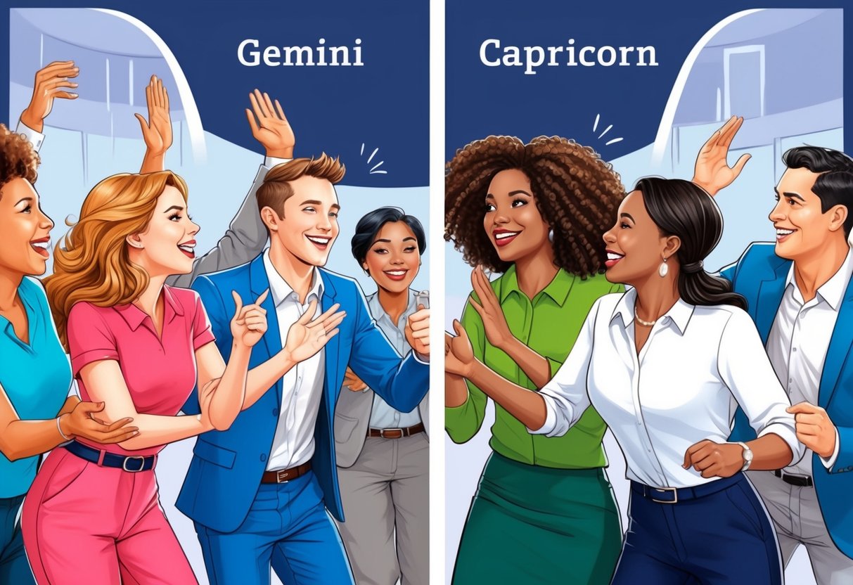 A lively, social scene with two distinct groups interacting in a harmonious and balanced manner.</p><p>The Gemini group is animated and expressive, while the Capricorn group exudes a sense of stability and determination