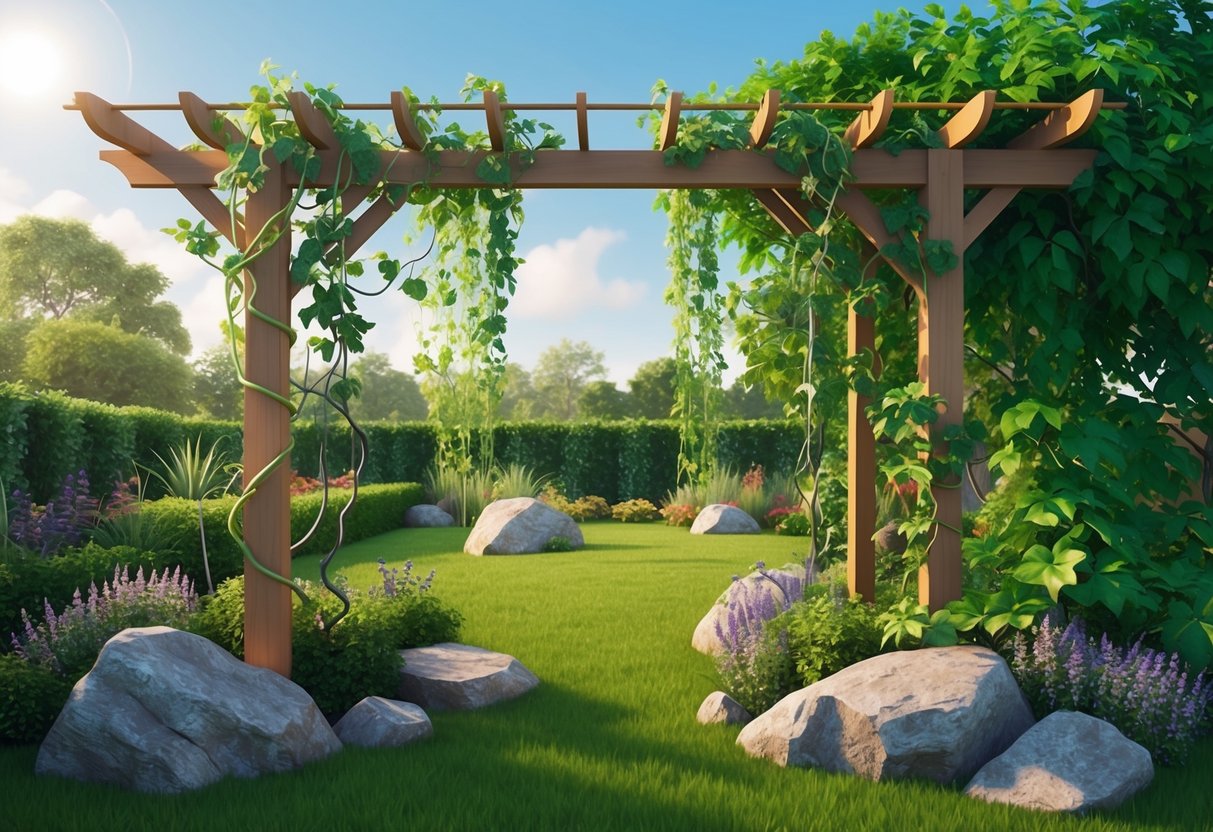 A lush garden with intertwining vines and sturdy, earthy rocks symbolizing the harmonious blend of Gemini and Capricorn energies