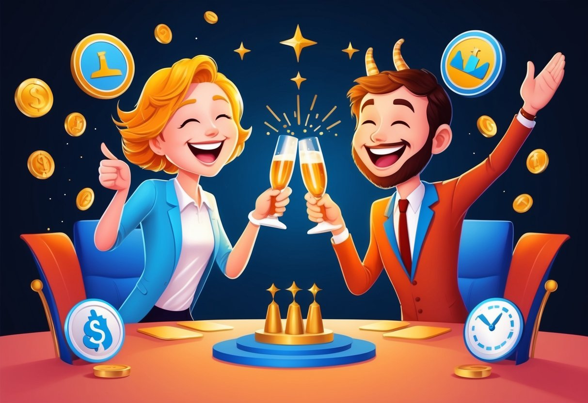 A joyful Gemini and Capricorn celebrating their successful partnership with a toast, surrounded by symbols of achievement and prosperity