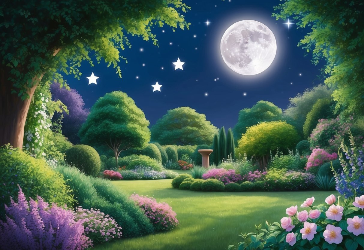 A serene garden with lush greenery and blooming flowers, under the soft glow of the moon and stars