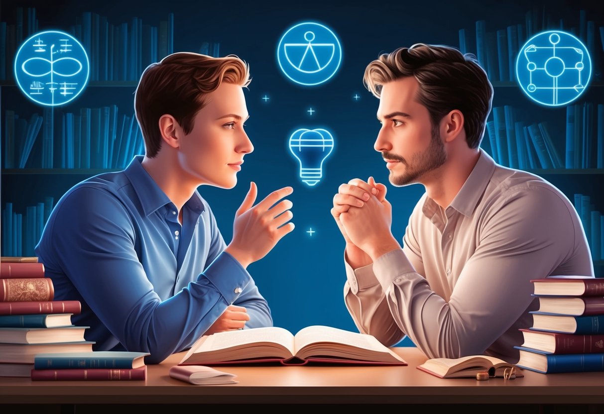 A cancer and a Taurus engaged in deep conversation, surrounded by books and intellectual symbols