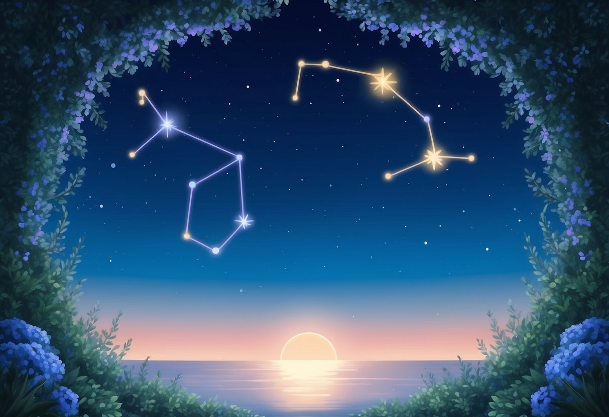 A serene night sky with the Cancer constellation and the Taurus constellation shining brightly, surrounded by a peaceful and harmonious atmosphere