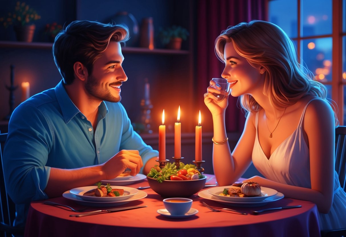 A Cancer and Gemini sharing a cozy, candlelit dinner, deep in conversation, with a warm and affectionate atmosphere