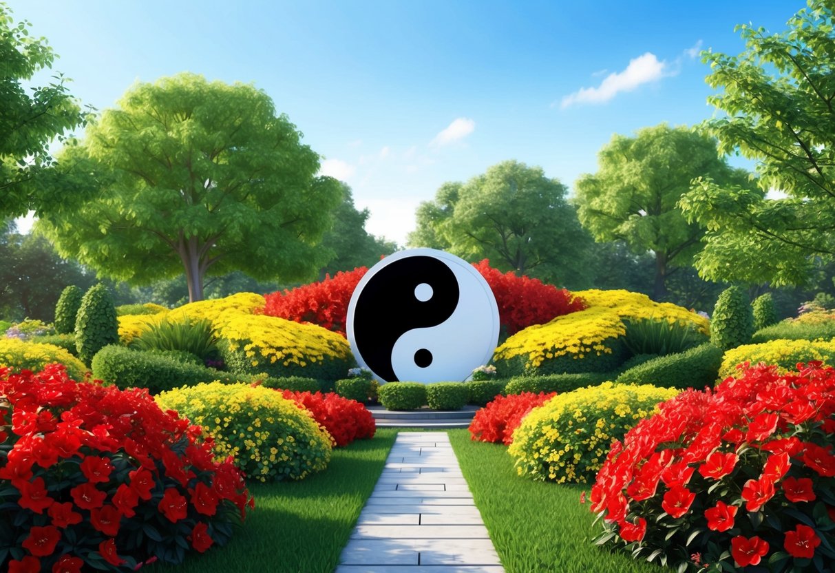 A serene garden with a yin-yang symbol at its center, surrounded by vibrant red and yellow flowers under a clear sky