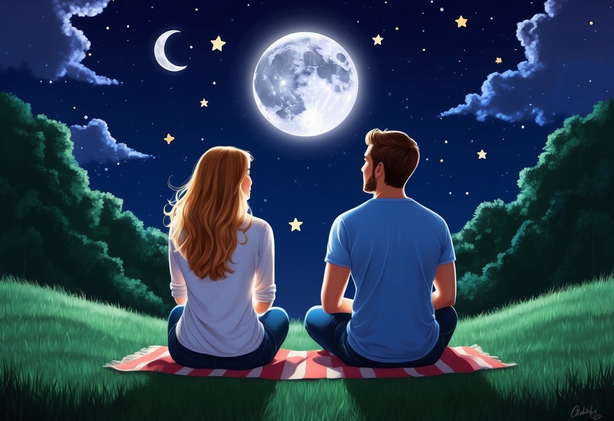 A cancer and a gemini sitting under a starry night sky, gazing at the moon