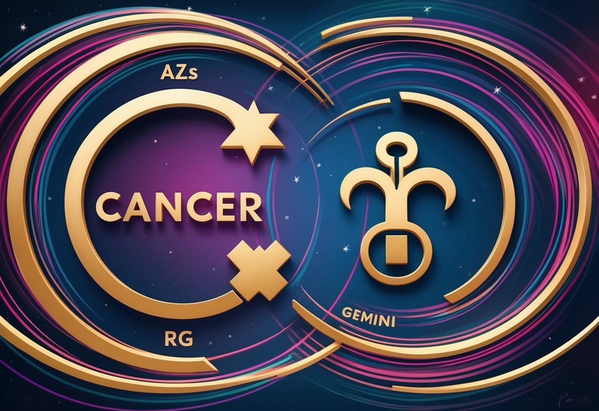 A cancer and a gemini symbol surrounded by swirling zodiac symbols