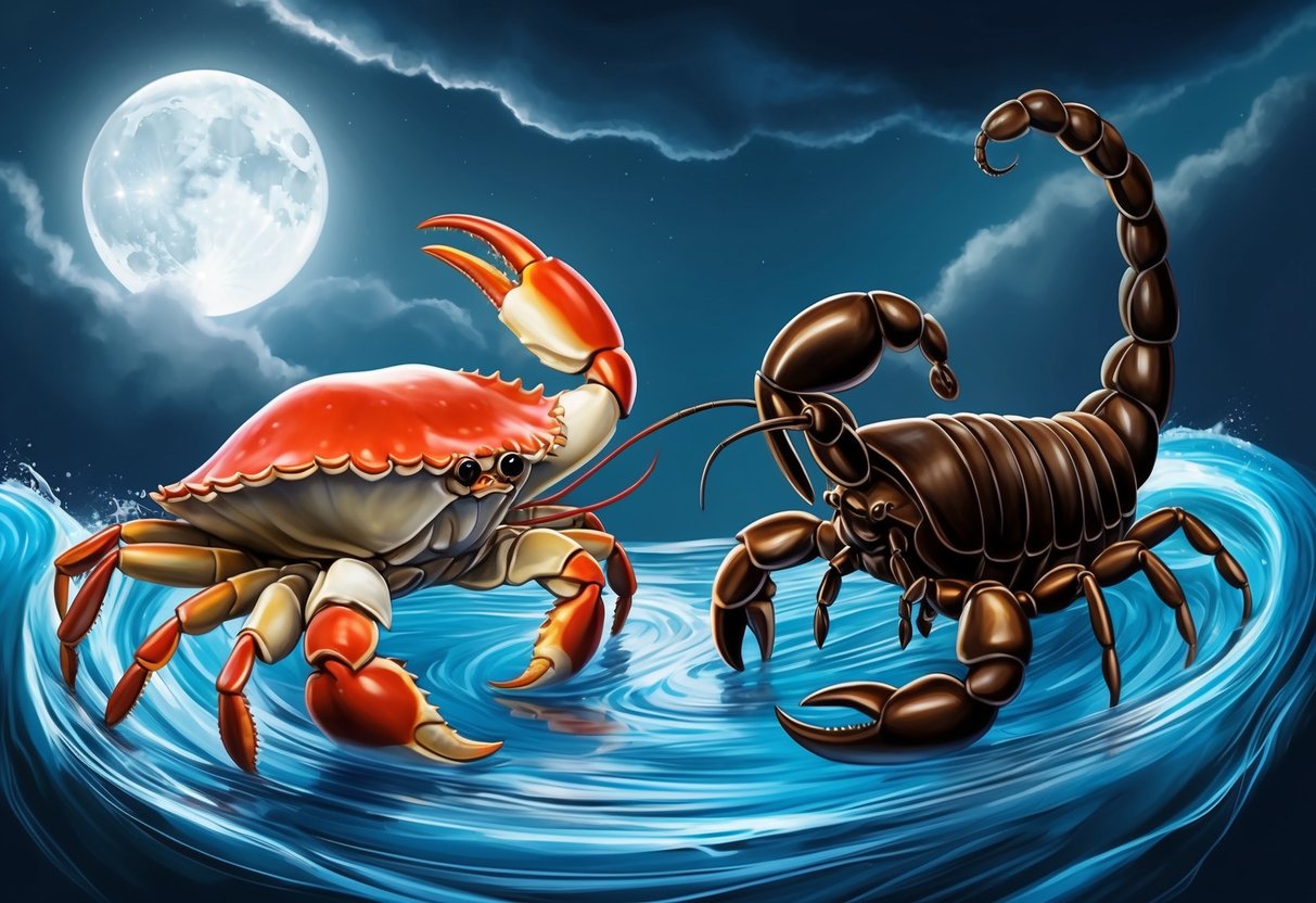 A crab and a scorpion face each other in a mysterious and intense encounter, surrounded by swirling water and moonlight