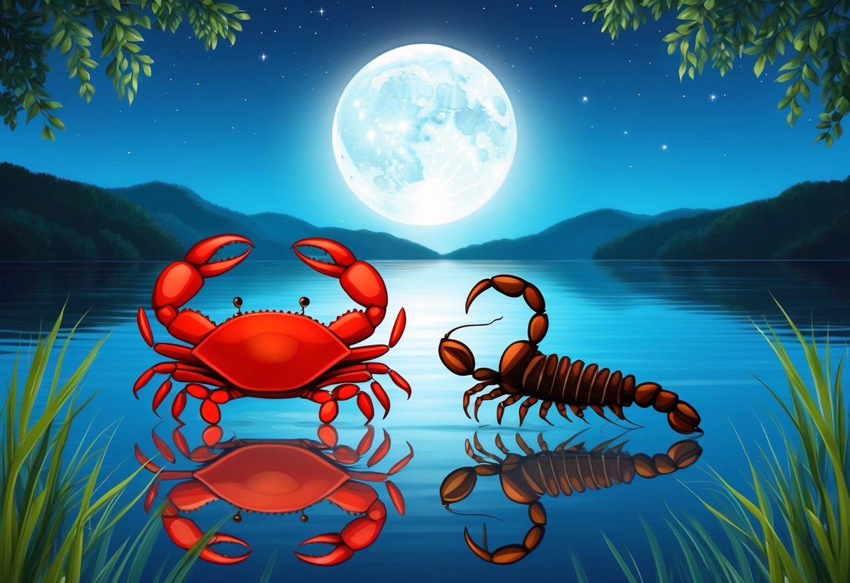 A serene moonlit lake, with a crab and a scorpion standing side by side, reflecting the deep emotional bond between them