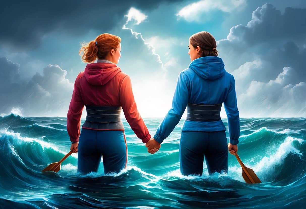 A Cancer and Virgo standing side by side, facing a stormy sea.</p><p>They hold hands, supporting each other as they navigate through turbulent waters