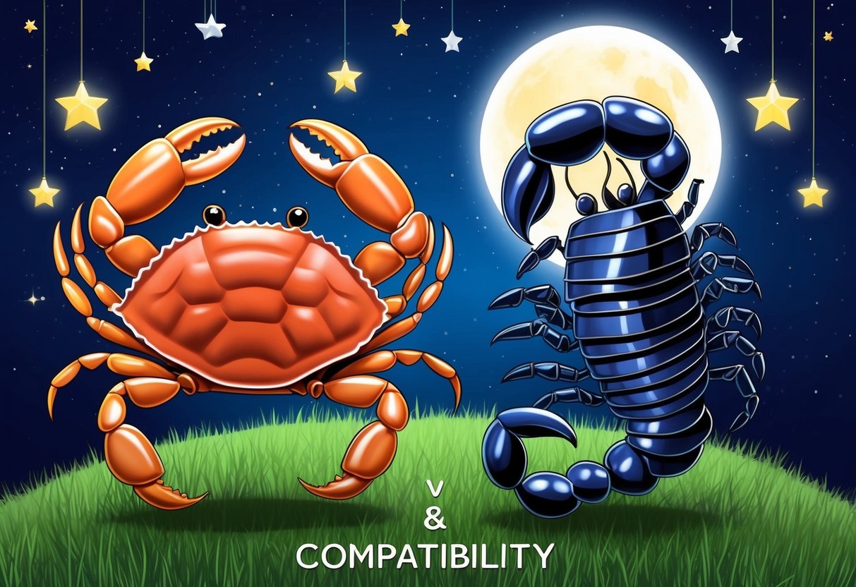 A crab and a scorpion facing each other, surrounded by a celestial backdrop with stars and the moon, representing Cancer and Scorpio compatibility