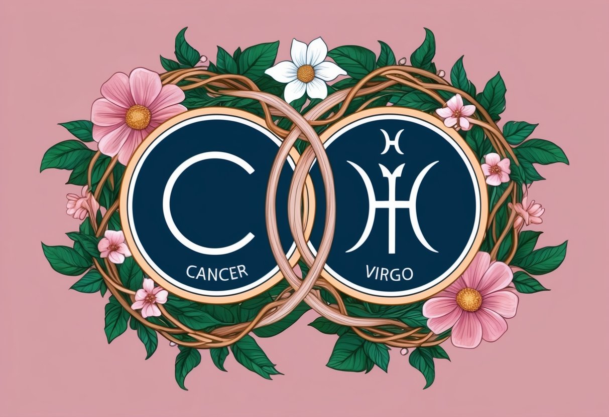 A Cancer and Virgo zodiac symbol surrounded by intertwined vines and flowers