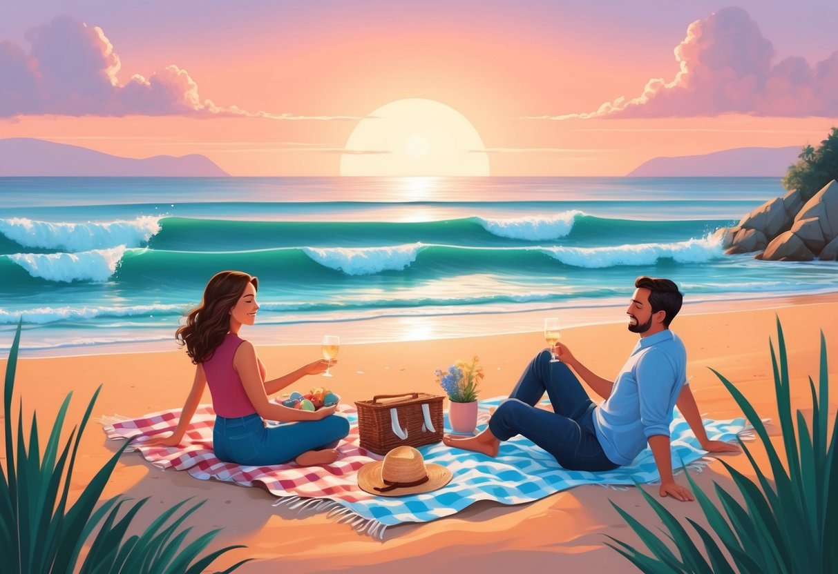 A serene beach at sunset, with a Cancer and Libra enjoying a picnic together, surrounded by soft waves and a peaceful atmosphere